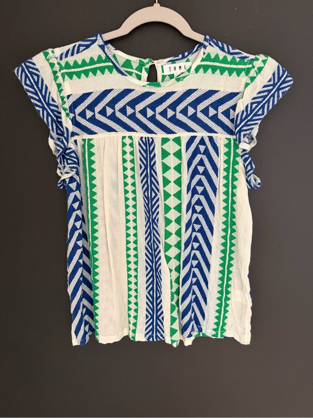 Anthropologie THML Geometric Aztec Flutter Sleeve Metallic Top size xs